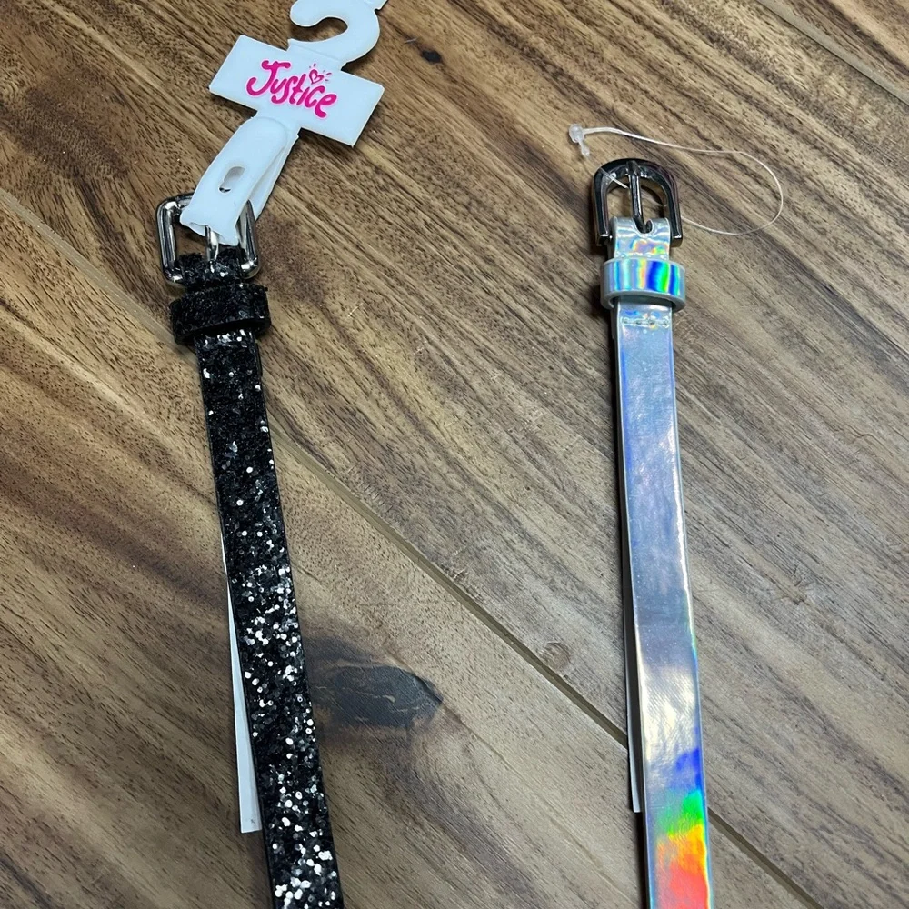 Lot of 2 Justice girl’s black & silver sparkle belt NWT, size Small